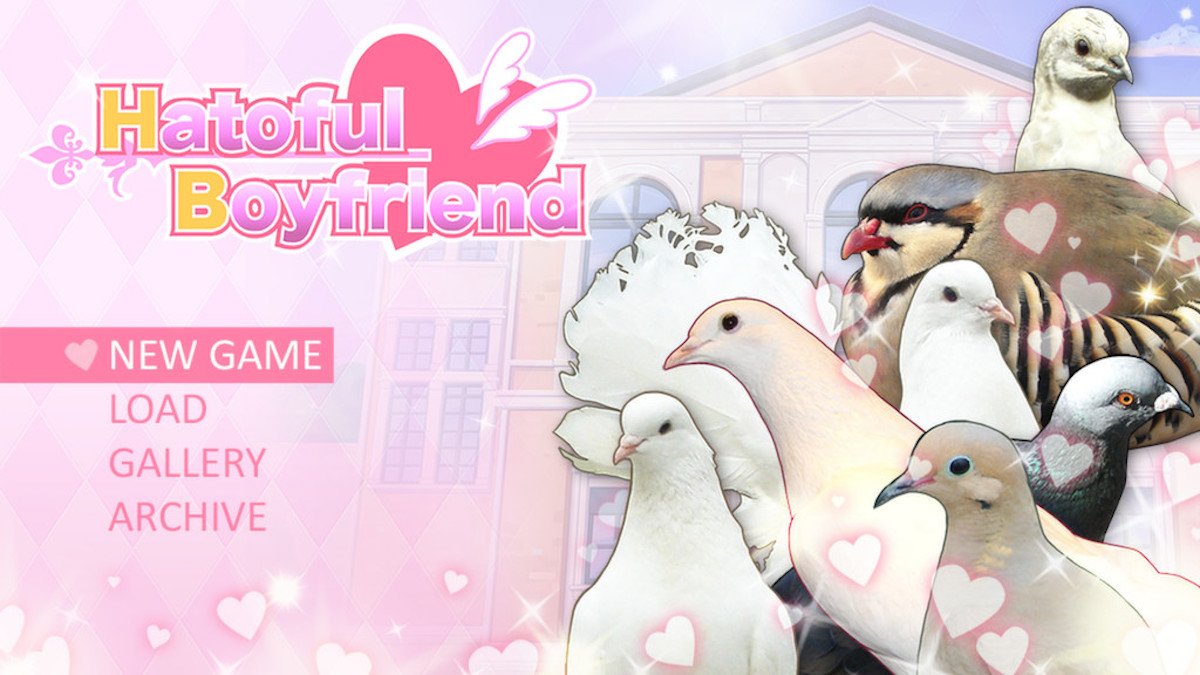 Title screen for Hatoful Boyfriend, showcasing various birds that you might like to date.