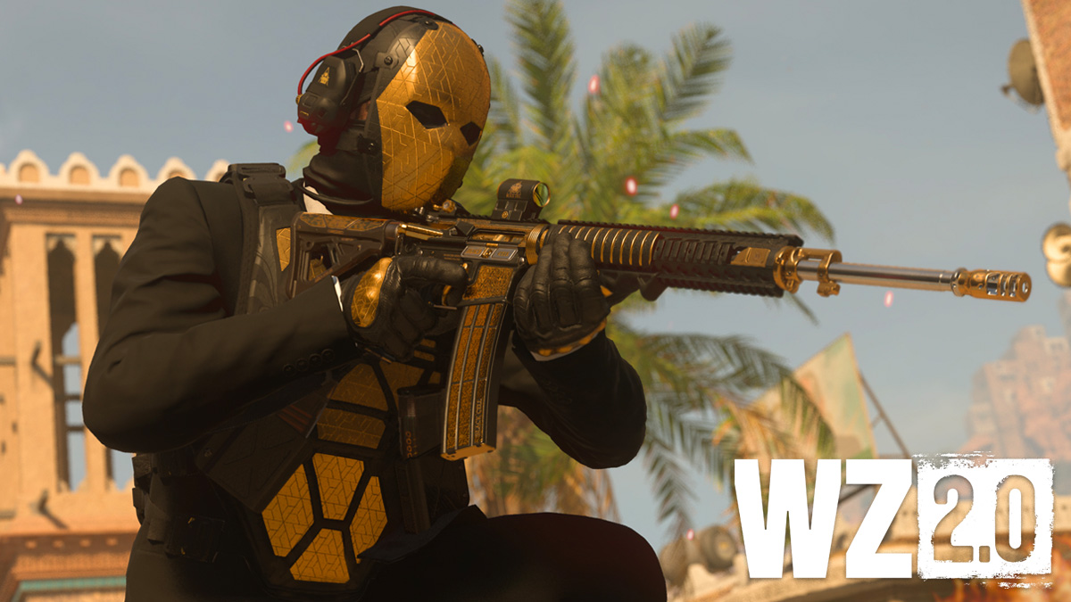 MW2 character in gold skin with AR next to Warzone 2 logo